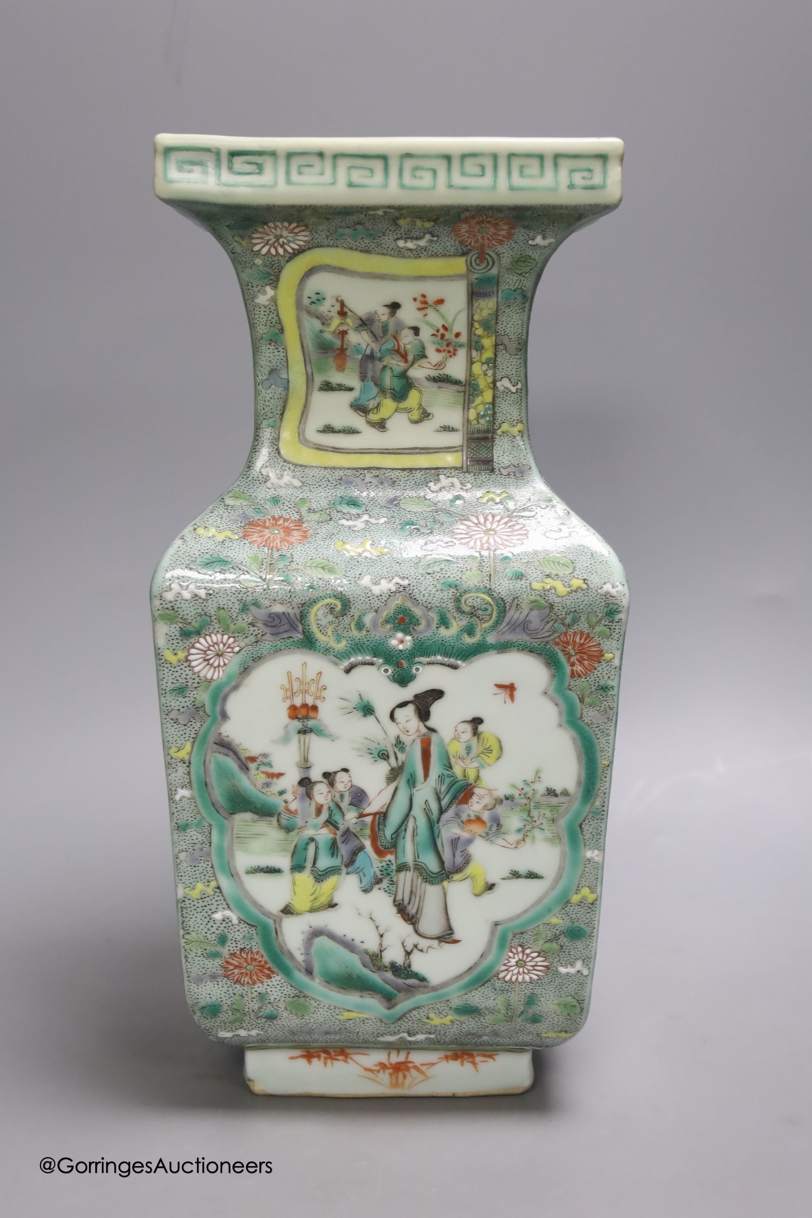 A Chinese famille verte square baluster vase, 19th century, height 32cm, restored neck